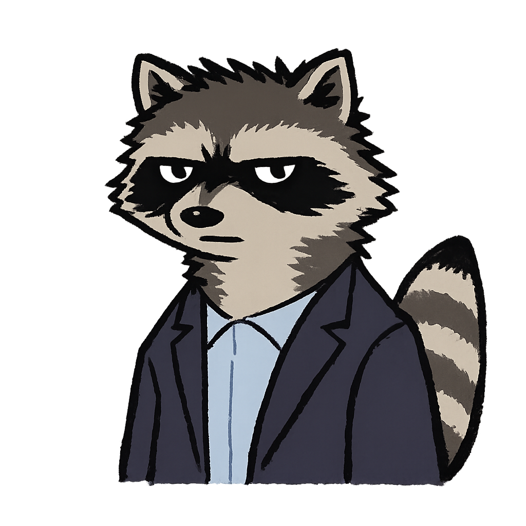 Serious Jimothy, a stern raccoon wearing a dark suit